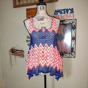 Rue21, top, navy blue & coral, white chevron, Jr. Miss size M